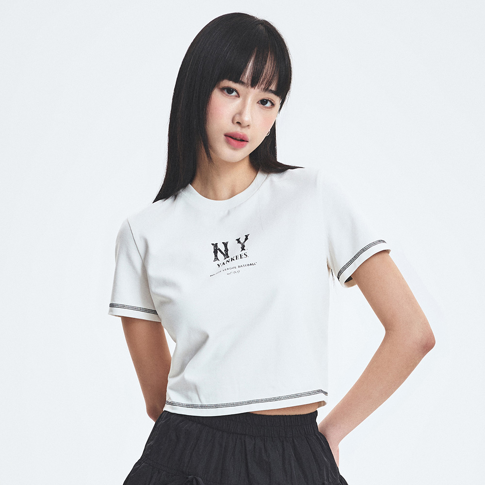 ★MLB Korea★ Women's Basic Crop Short Sleeve T-Shirt NY Bla WOMEN'S BASIC COOPERS LOGO SLIM CROP T-SHRTS NEW YORK