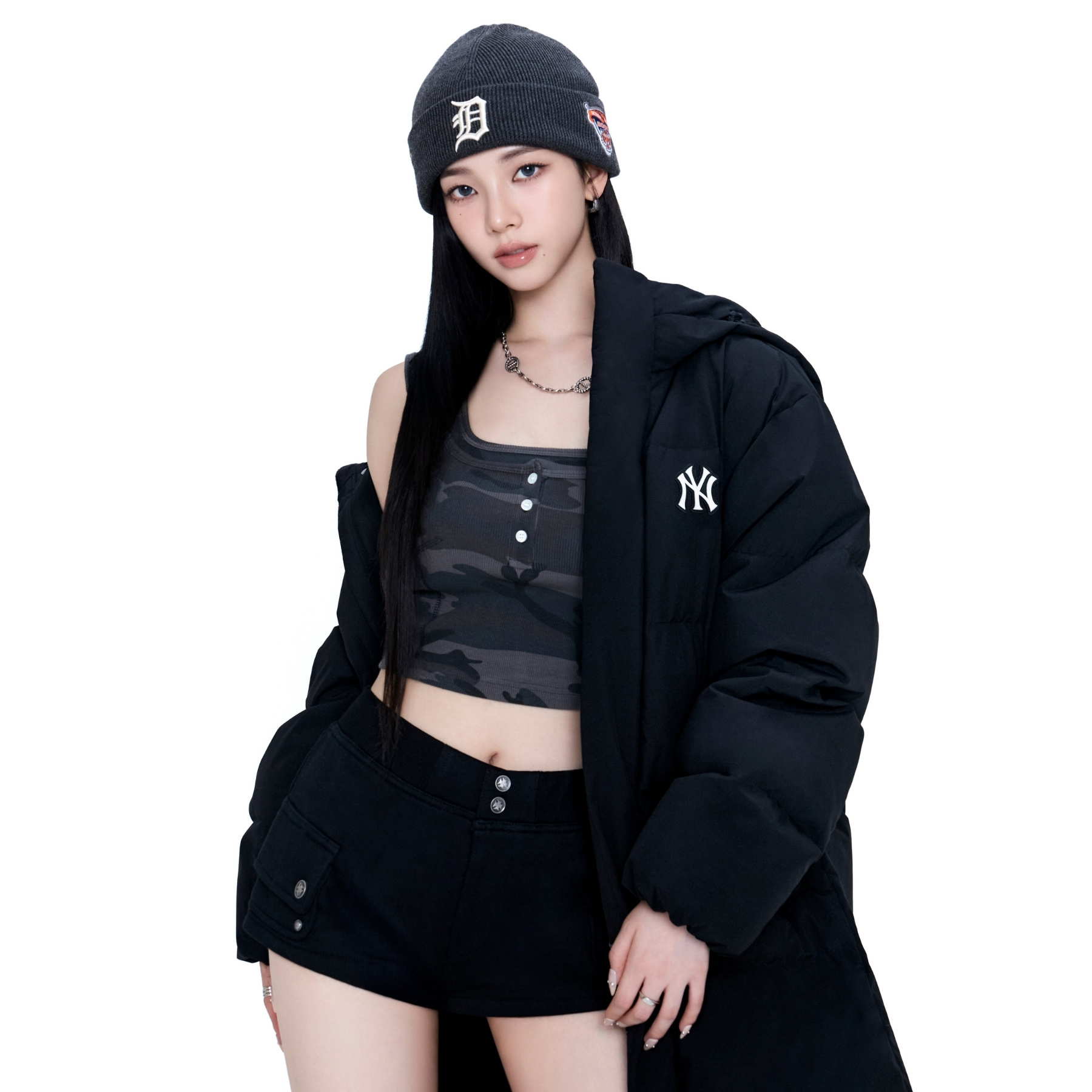 MLB 男女同款羽絨外套紐約洋基隊CURVE LONG DOWN JKT (3ADJB2356-50BKS 
