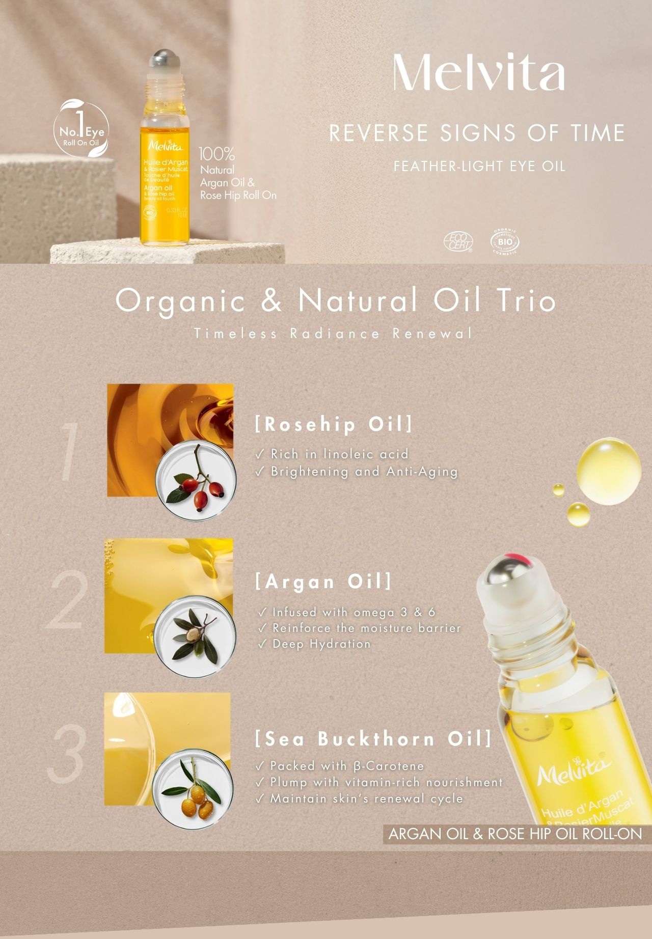 ARGAN OIL & ROSE HIP OIL ROLL-ON 10ML | Melvita Official