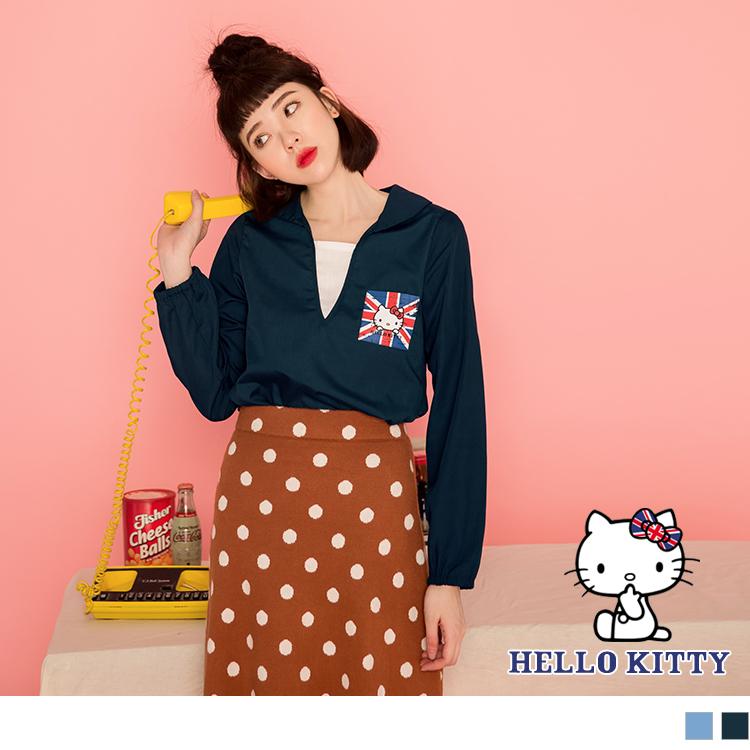 OB 英倫系列~高含棉襯杉假兩件KITTY口袋印花長袖上衣(代購) OBKB1006