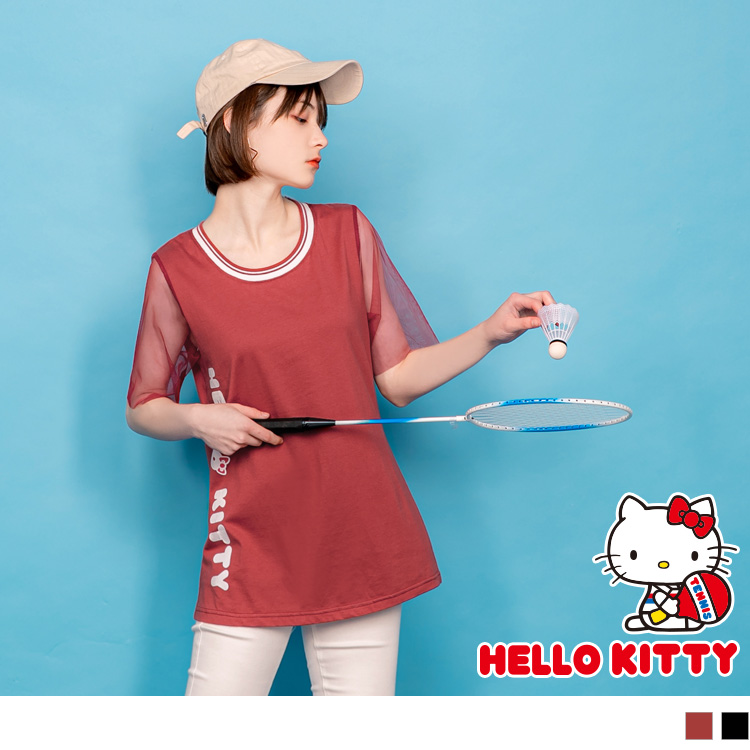 OB 運動系列~側邊KITTY印花螺紋圓領拼接網紗袖上衣(代購) OBKB1048