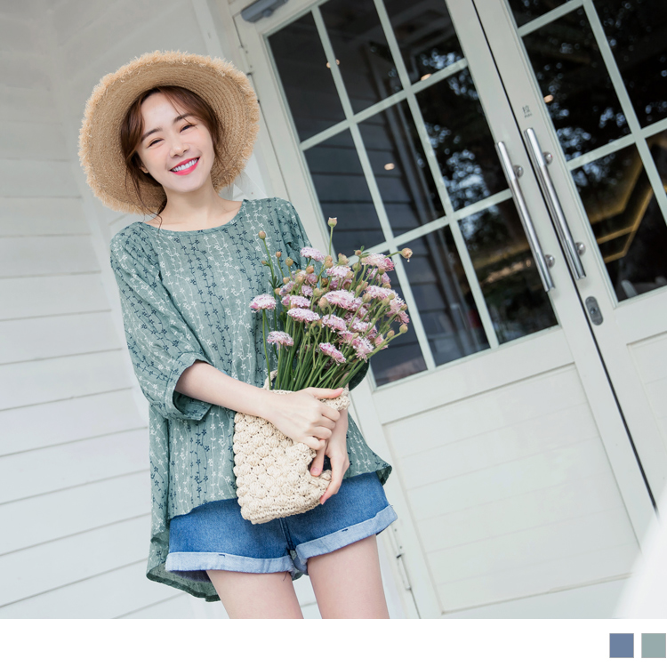 OB 滿版花朵刺繡寬鬆七分袖上衣 OBAB12057