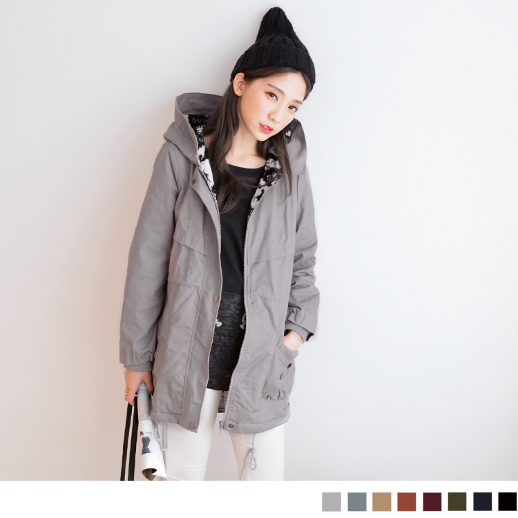 OB 仿兔絨內裡雪花圖騰長版連帽外套 OBEA1376