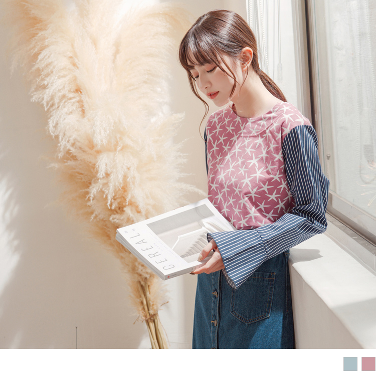 OB 高棉量輕磨毛條紋星星異材質拼接喇叭袖上衣 OBAB14289