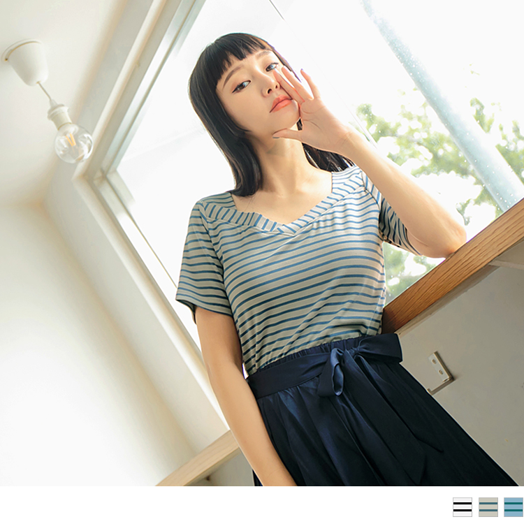 OB 高含棉觸膚涼感彈力條紋短袖上衣 OBAB15296