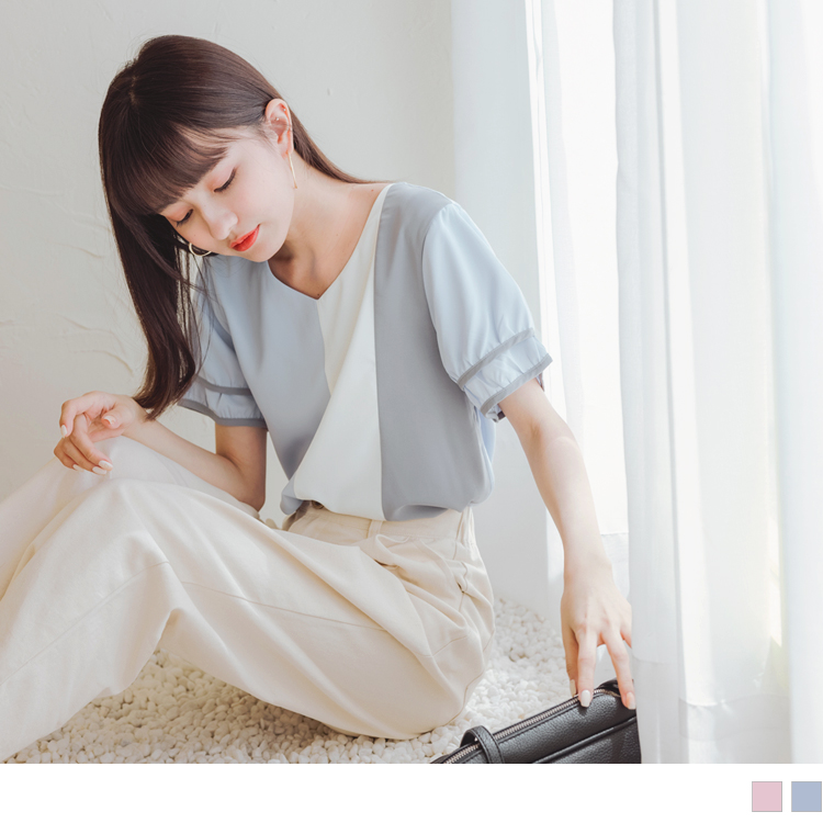 OB 韓系OL撞色拼接不易皺雪紡上衣 OBAB15444