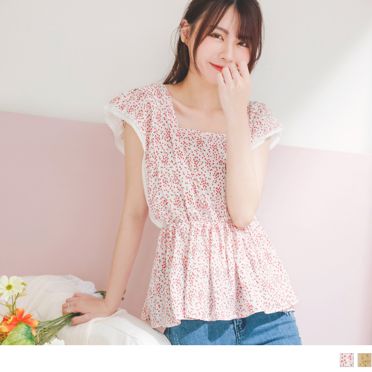 OB 方領小花蕾絲邊後綁帶縮腰上衣 OBAB15684