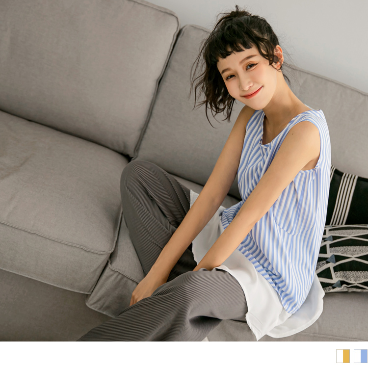 OB 長版直條紋異材質拼接無袖背心上衣 OBAB15930