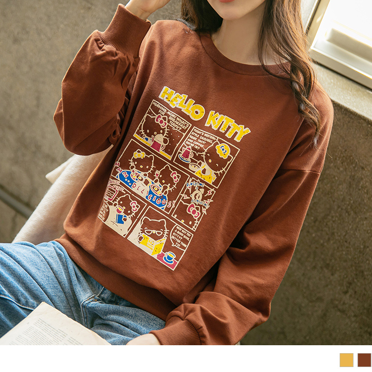OB 學院KITTY．純棉復古斑駁印圖落肩大學T／衛衣(代購) OBKB1290