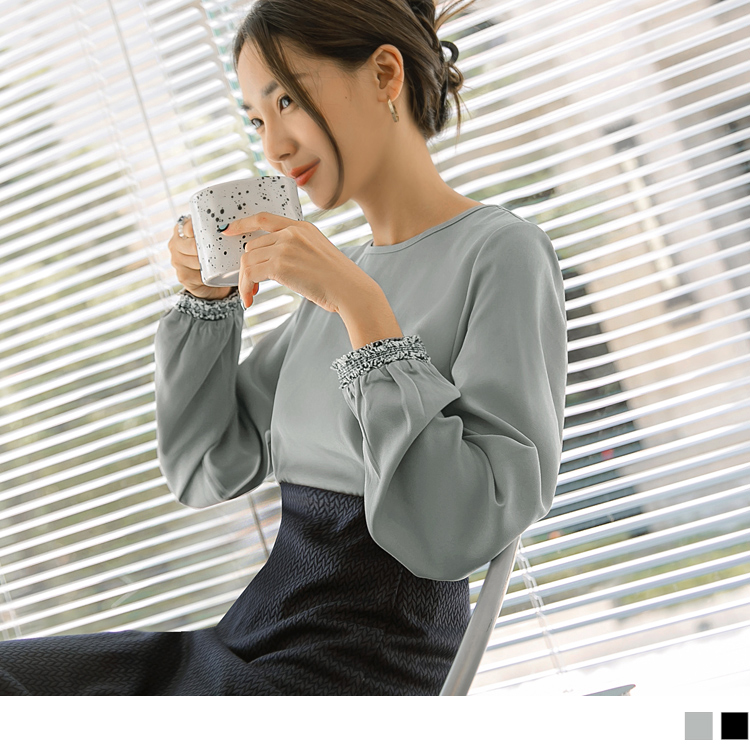OB 純色長版金蔥抽鬚花邊澎袖長袖上衣 OBAB16363