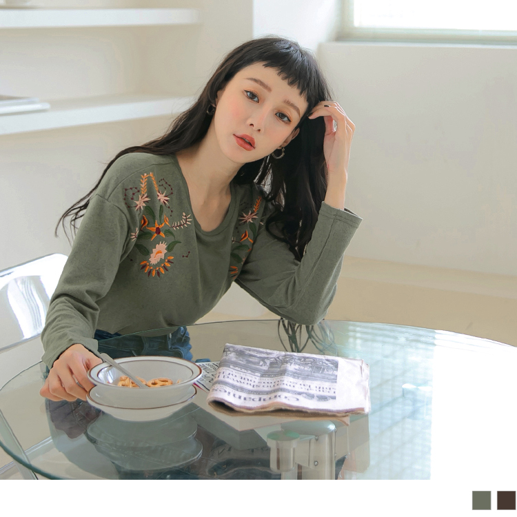 OB 細緻花草刺繡長袖針織上衣 OBAB16480