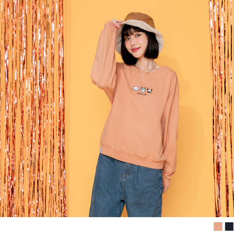 OB 純棉療癒萌犬刺繡長袖大學T/上衣 OBKG1198