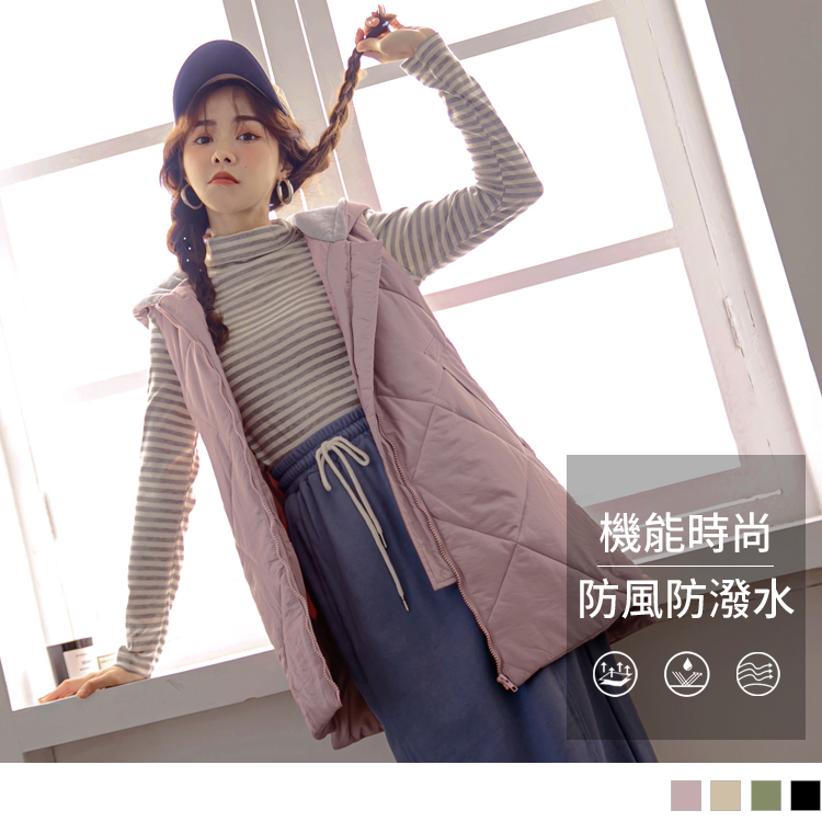 OB 輕保暖羽絨棉防風防潑水長版連帽背心 OBEA3206