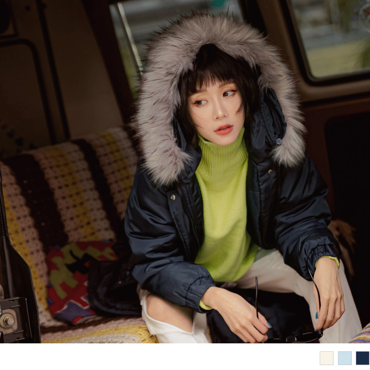 OB 輕保暖羽絨棉長版可拆式毛領連帽外套 OBEA3232