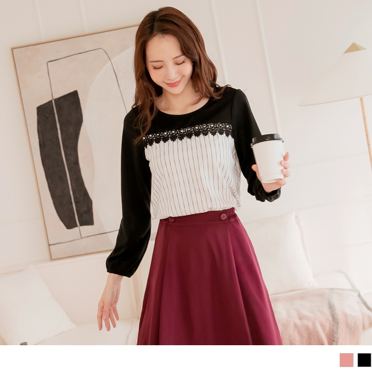 OB 蕾絲拼接配色條紋釘珠上衣 OBAB16537