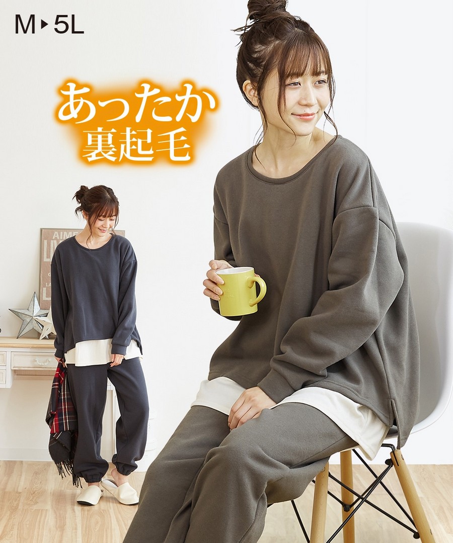 Nissen (產前，產後哺乳服)溫暖內刷絨假兩件下襬家居服套裝 (日本哺乳孕婦裝) NSCIY0121E0010