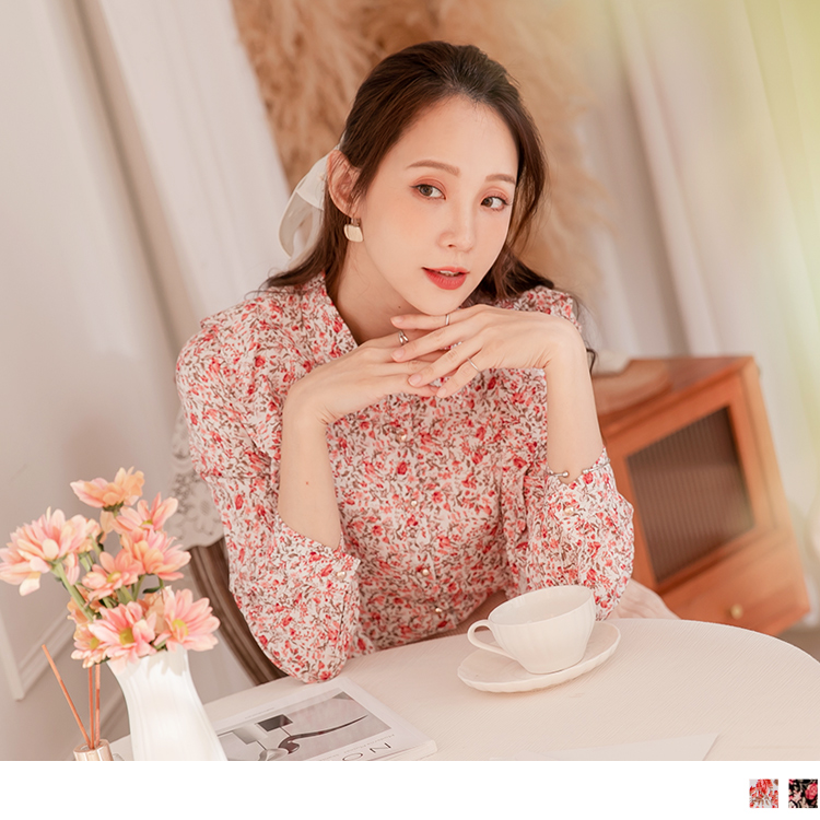 OB 浪漫花卉翻領開襟荷葉邊上衣 OBAB16387
