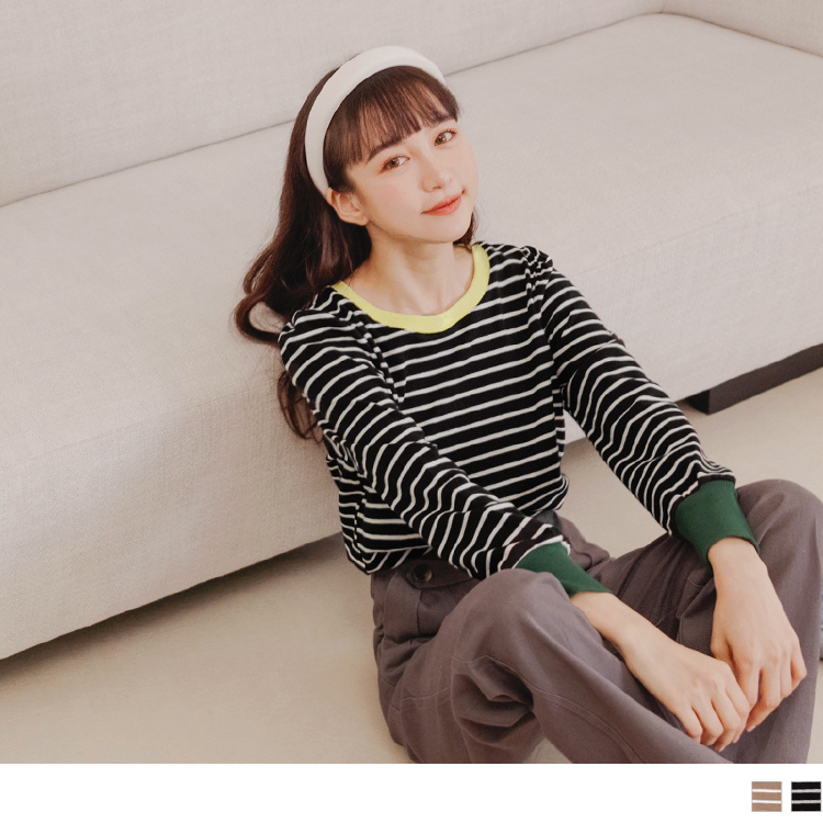 OB 撞色羅紋拼接彈性條紋針織上衣 OBAB16597