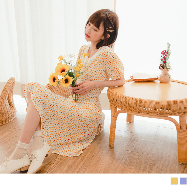 OB 清新碎花收腰拋袖不易皺連身裙 OBDA9147