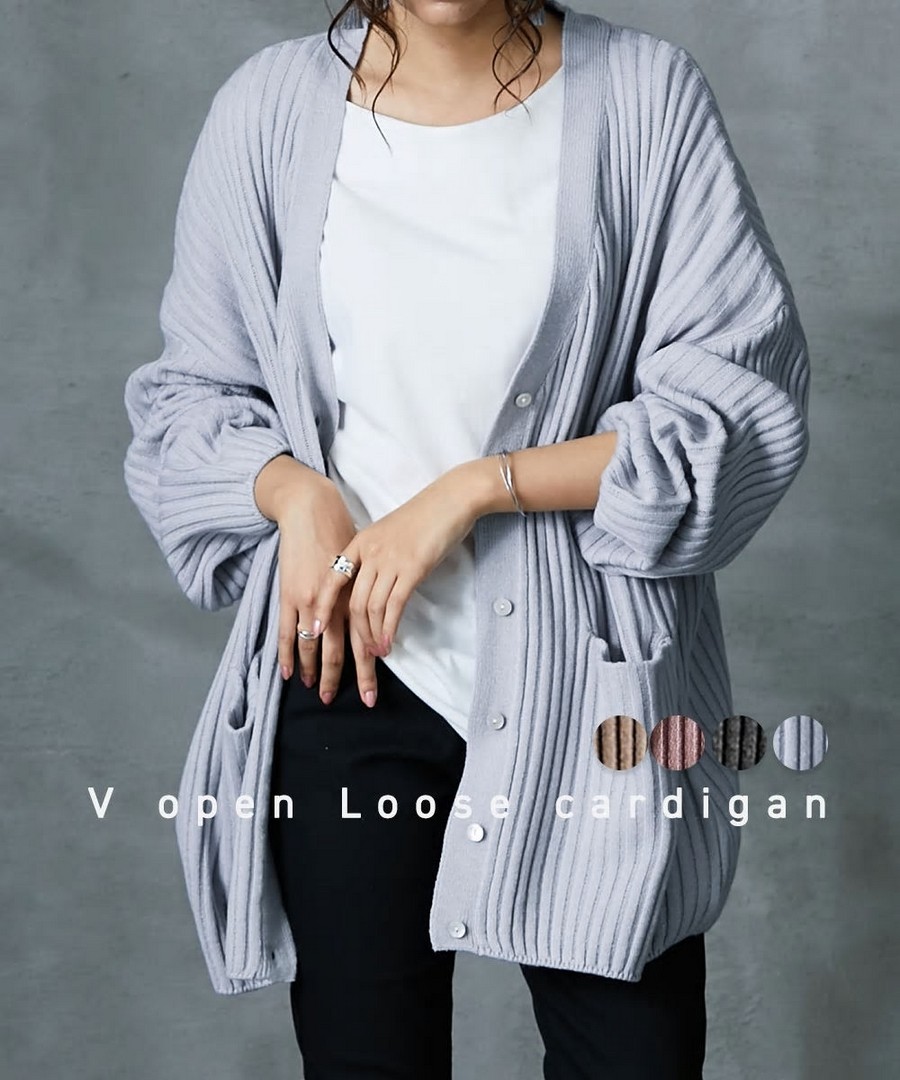nissen 坑條淨色V領排釦寬鬆針織外套 (日本女裝) NSAPL0122A0003