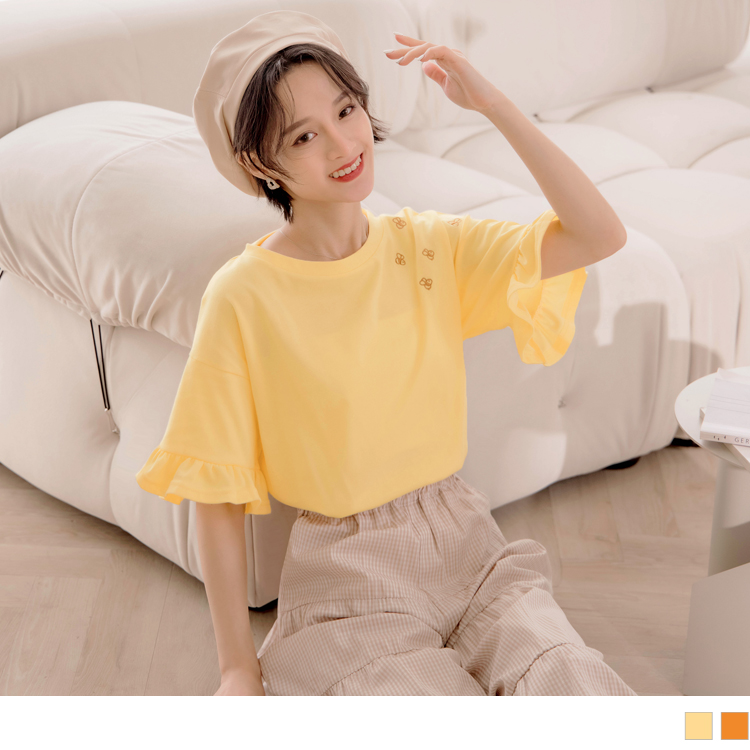 OB 快乾 蜜蜂刺繡五分荷葉袖上衣 OBKG1307