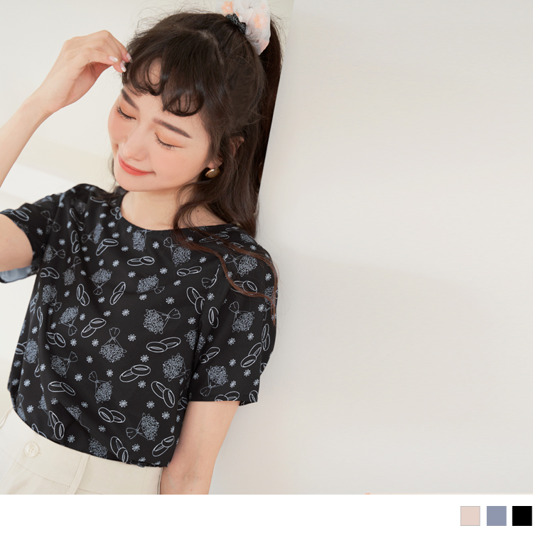 OB 法式浪漫花束印花傘襬雪紡上衣 OBAB15253