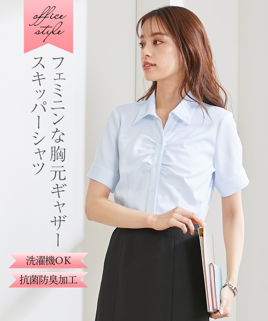 nissen 上班服珠光緞面前抓皺翻領短袖襯衫(防菌防臭加工) (日本女裝及大尺碼適用) NSCNG0222A0026