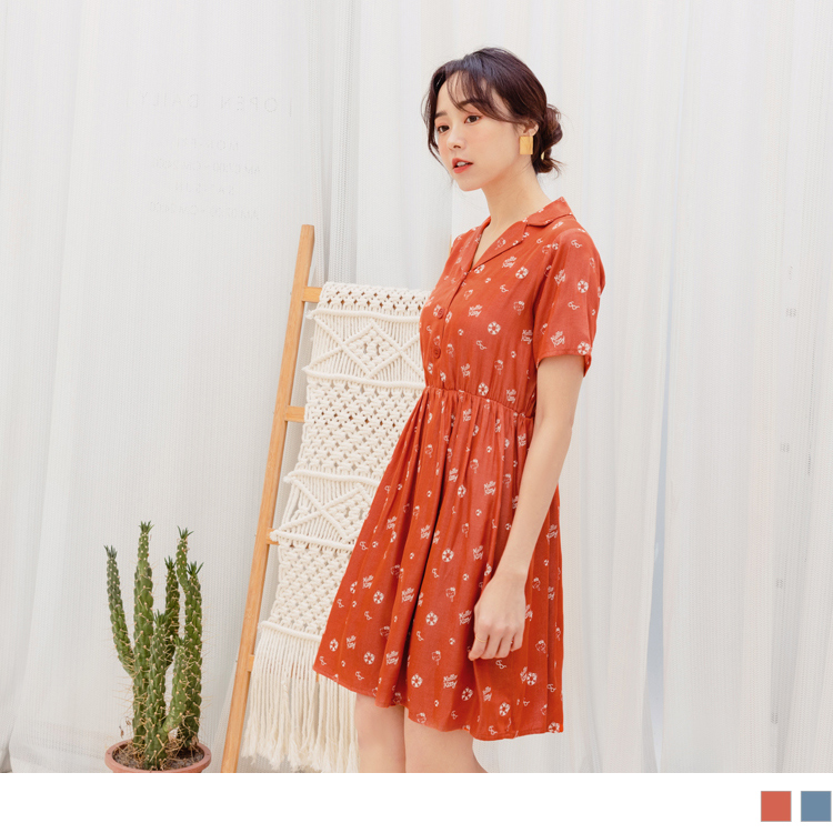 OB KITTY繽紛盛夏．甜美翻領半開襟排釦縮腰襯衫連身裙(代購) OBKB1366