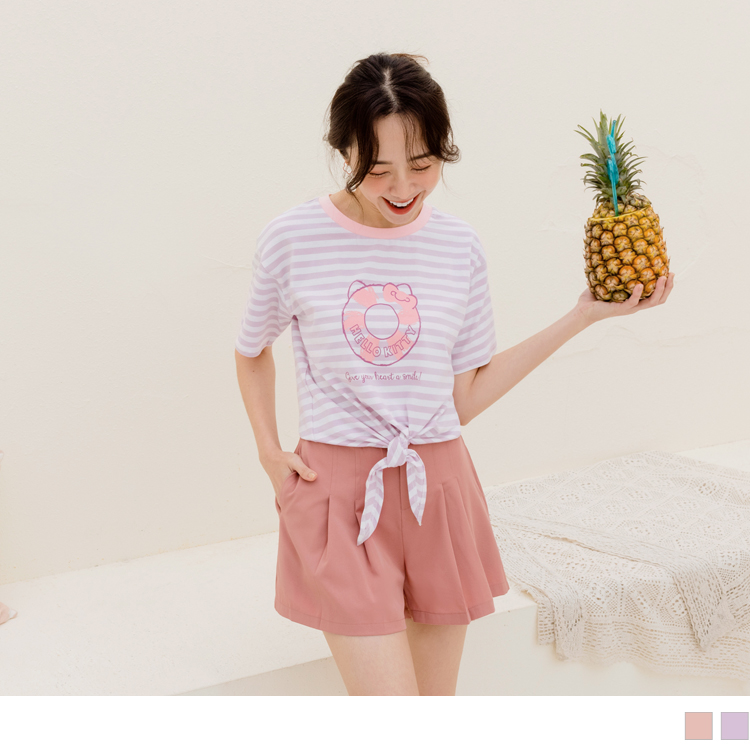 OB KITTY繽紛盛夏．可愛撞色領口造型綁帶條紋上衣(代購) OBKB1372