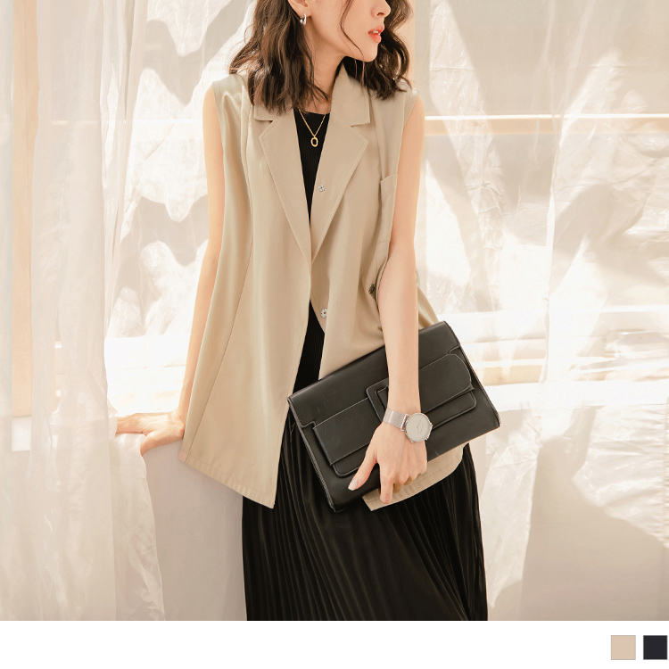 OB 純色翻領質感暗釦西裝長版背心 OBEA3340