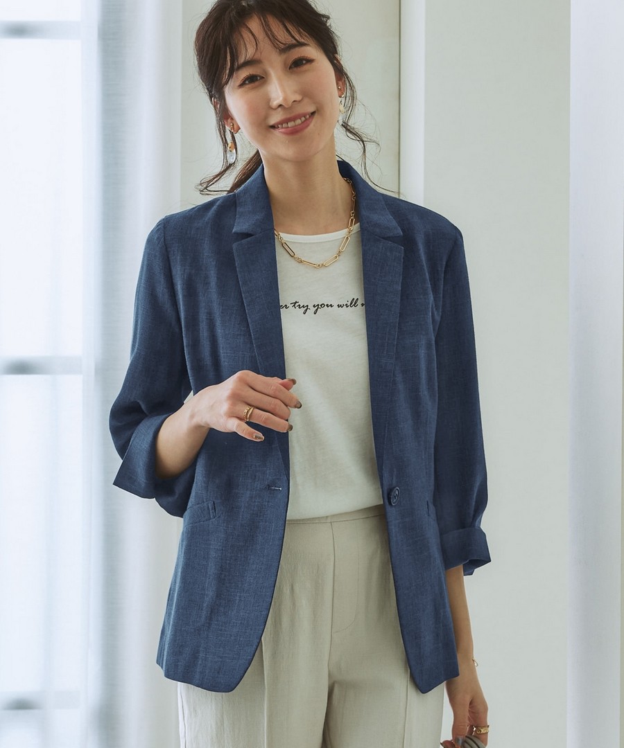 nissen 可清洗亞麻風7分袖彈性西裝外套(接觸冷感，防皺，彈性) (日本女裝) NSCCX0222C0004