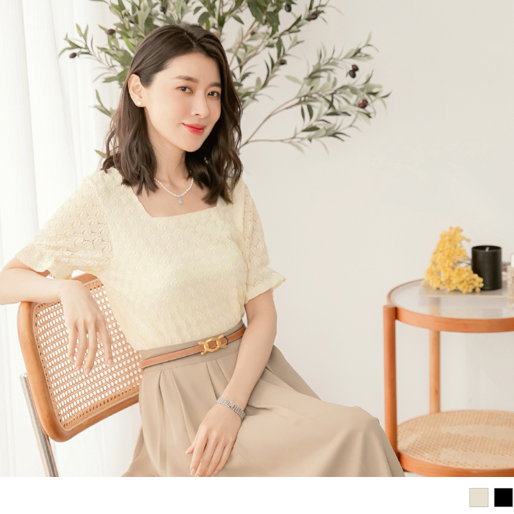 OB Ｖ高顏值．方領氣質蕾絲荷葉袖上衣 OBAB17238
