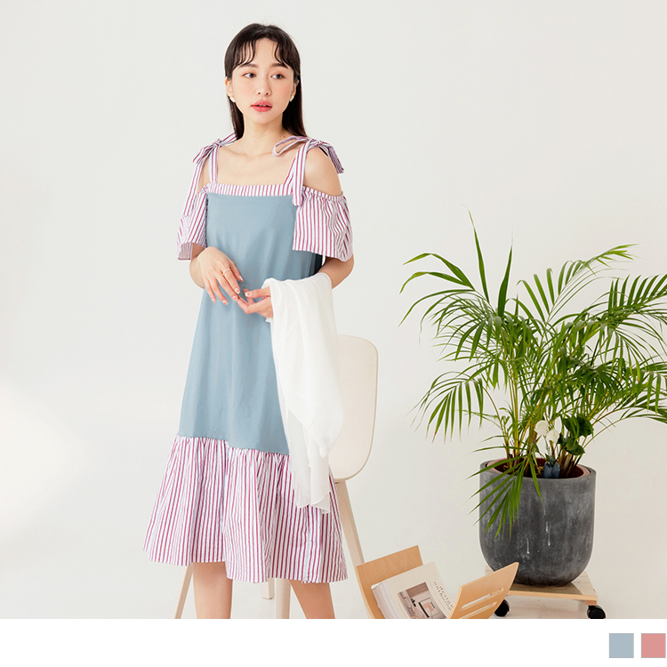 OB 高含棉條紋印花拼接肩綁帶露肩連身裙 OBDA9297