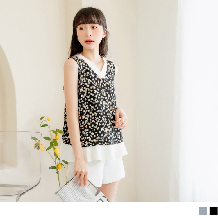 OB V高顏值．V領拼接小花印花不易皺背心 OBAB17448