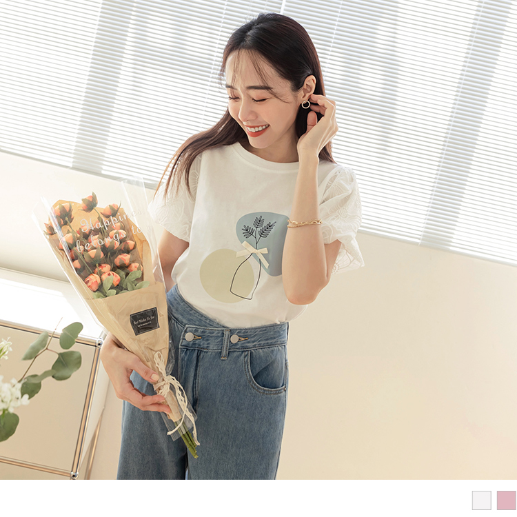 OB 高含棉雕花蕾絲澎袖簡約印花上衣 OBAB17440