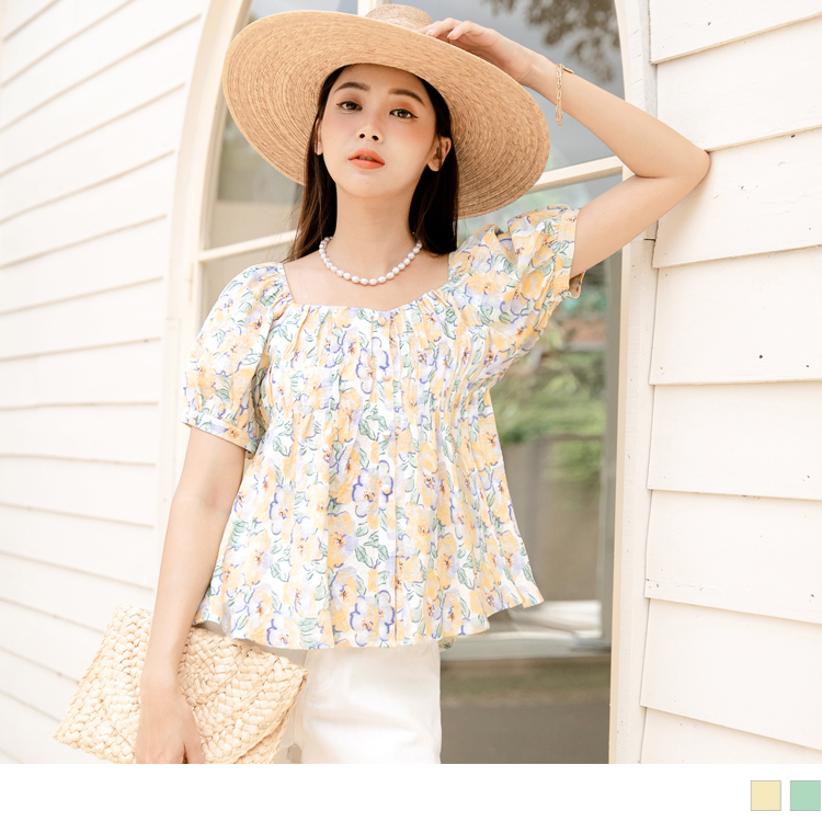 OB 兩穿式鬆緊領浪漫印花傘襬短版上衣 OBAB17442