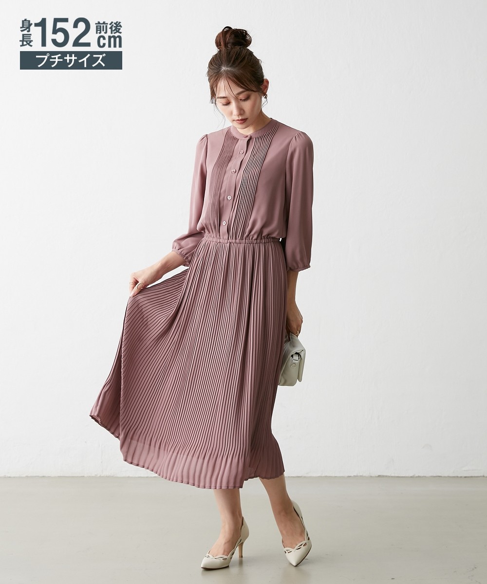 nissen [嬌小尺寸]氣質飄逸細褶8分袖連身裙 (日本女裝) NSVWD0122C0002