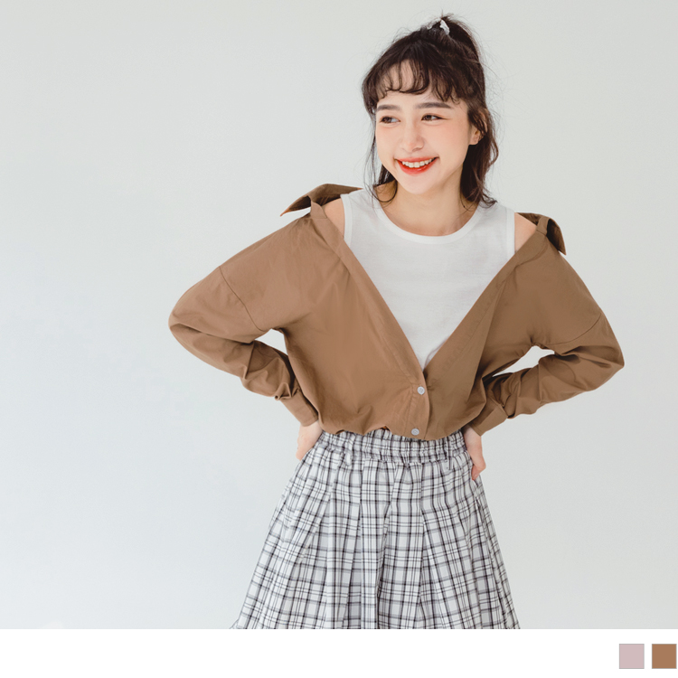OB 高含棉假兩件小露肩造型襯衫/上衣 OBAB17561