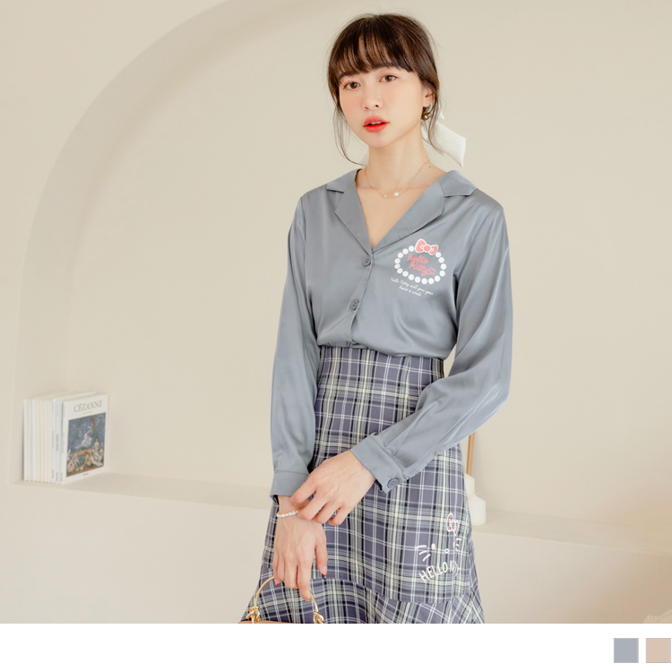 OB KITTY妝可愛系列．高級光澤感緞面前開襟V領襯衫(代購) OBKB1394
