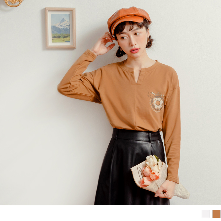 OB 小V臉．KITTY拿鐵咖啡系列純棉小V領長袖上衣(代購) OBKB1414