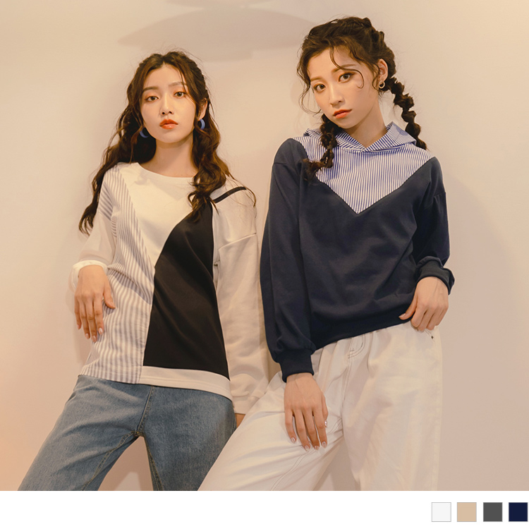 OB 玩轉百tee．條紋拼接連帽磨毛長袖寬鬆大學T OBAB17746