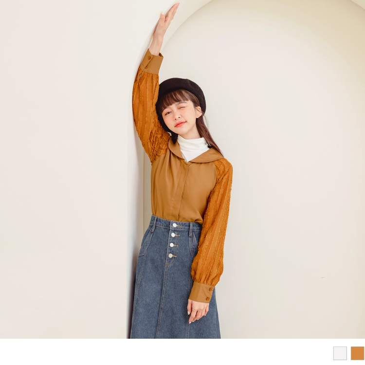 OB 小V臉．V領紋理拼接長袖襯衫上衣 OBAB17853