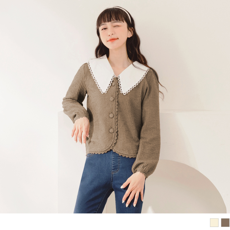 OB 小V臉．V領蕾絲織紋排釦開襟拋袖上衣/外套 OBAB17880