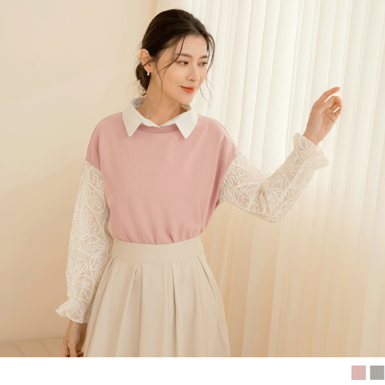 OB 玩轉百tee．拼接立體蕾絲荷葉袖衛衣/上衣 OBAB17613