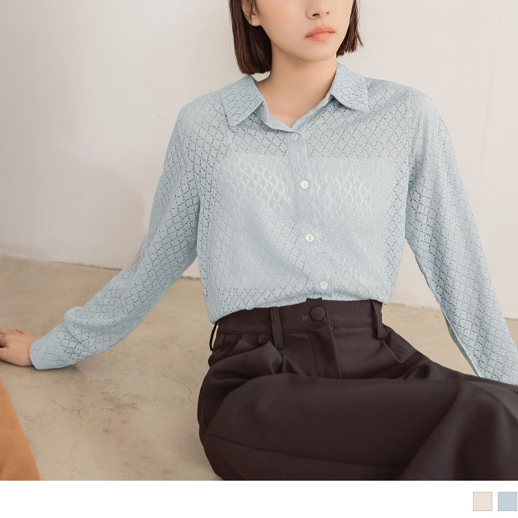 OB 微透膚蕾絲翻領開襟上衣/襯衫 OBAB17684