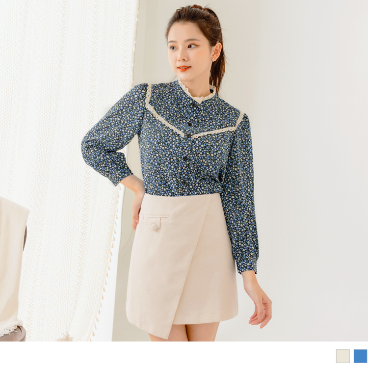 OB 清新碎花蕾絲小立領襯衫/上衣 OBAB17882