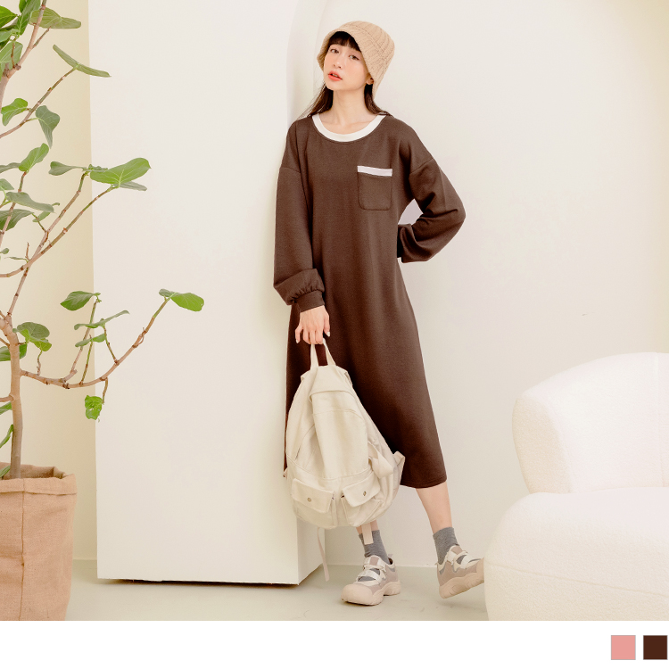 OB 玩轉百tee．太空棉撞色領邊口袋造型長連身裙 OBDA9484