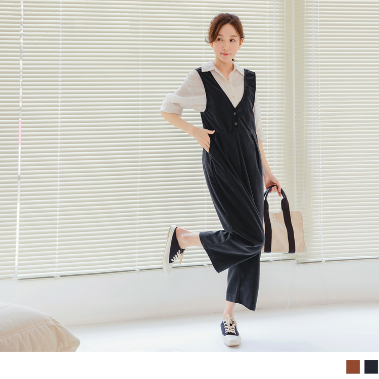 OB 燈心絨前開釦打摺雙口袋孕婦吊帶寬褲 OBMA0556