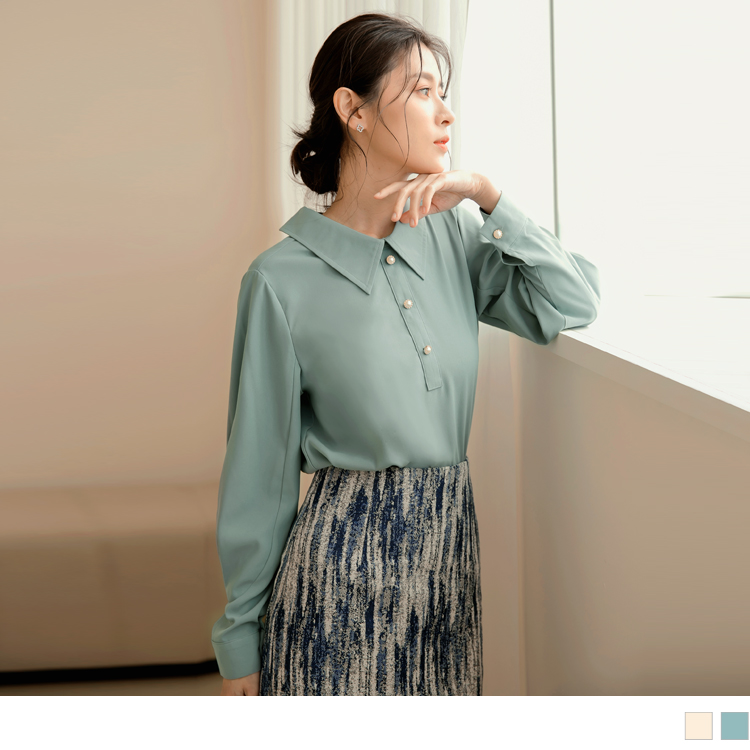 OB 氣質雪紡珍珠釦美背綁帶公主袖上衣 OBAB17779