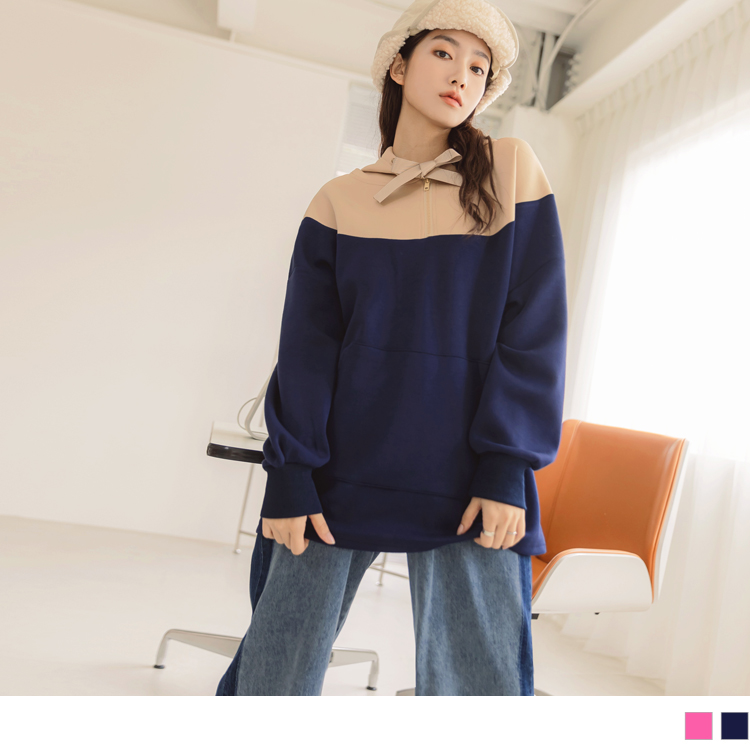 OB 玩轉百tee．潮色拼接半開襟長版連帽大學T OBAB17621